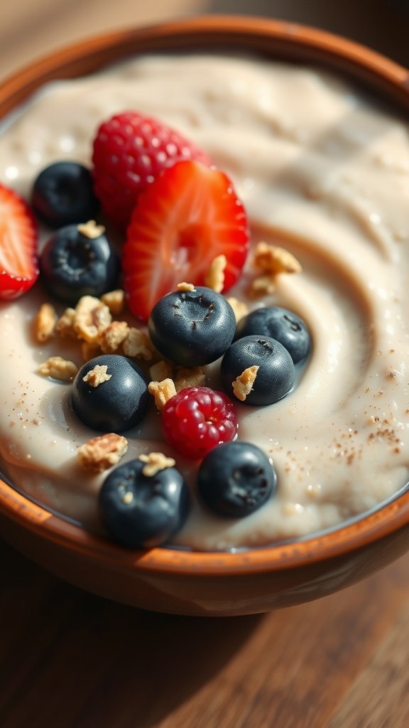 A bowl of creamy quinoa pudding topped with berries and nuts, perfect for a nutritious dessert.